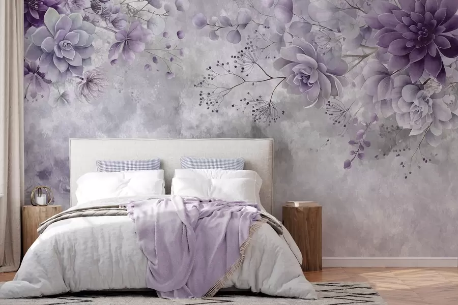 Fototapetes Retro stilā veidotu fantāzijas ziedu skats no augšas uz leju, violetos toņos w05753v2