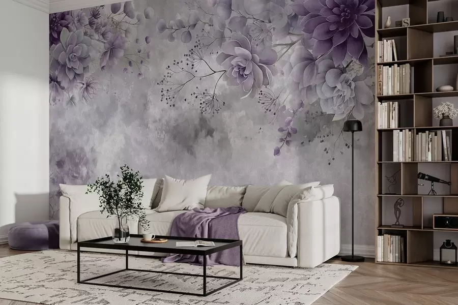 Fototapetes Retro stilā veidotu fantāzijas ziedu skats no augšas uz leju, violetos toņos w05753v2