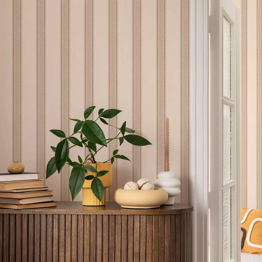 Fototapetes Elegantas smilškrāsas svītras ar lapām a01249v2