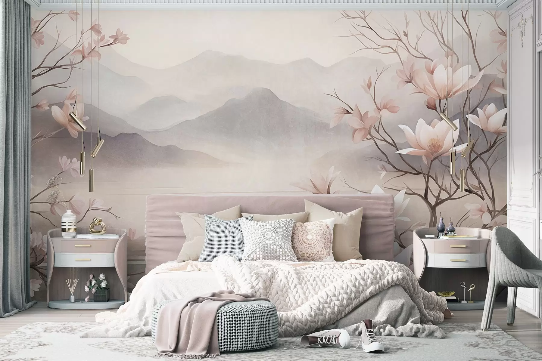Fototapetes Kalni un ziedošas rozā magnoliju zaras, faktūriem bagāta ainava w10013
