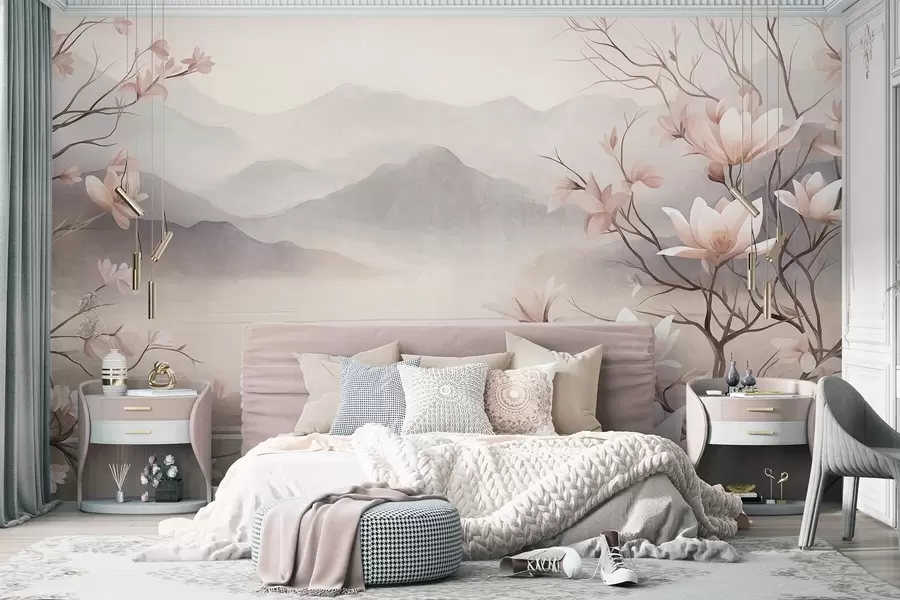 Fototapetes Kalni un ziedošas rozā magnoliju zaras, faktūriem bagāta ainava w10013