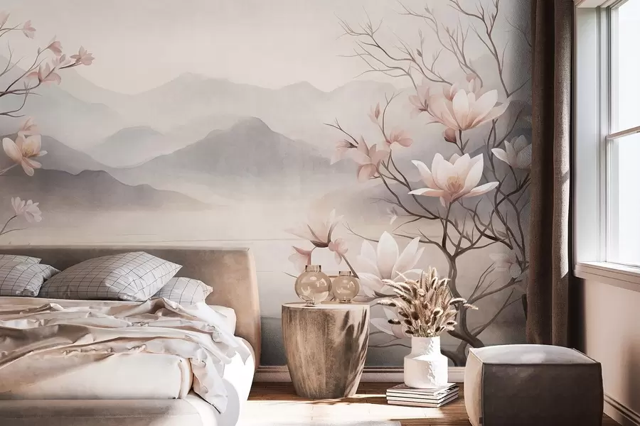 Fototapetes Kalni un ziedošas rozā magnoliju zaras, faktūriem bagāta ainava w10013