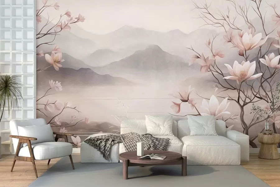 Fototapetes Kalni un ziedošas rozā magnoliju zaras, faktūriem bagāta ainava w10013