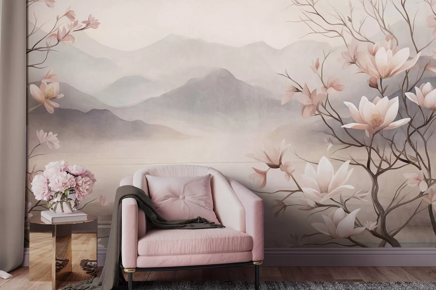 Fototapetes Kalni un ziedošas rozā magnoliju zaras, faktūriem bagāta ainava w10013