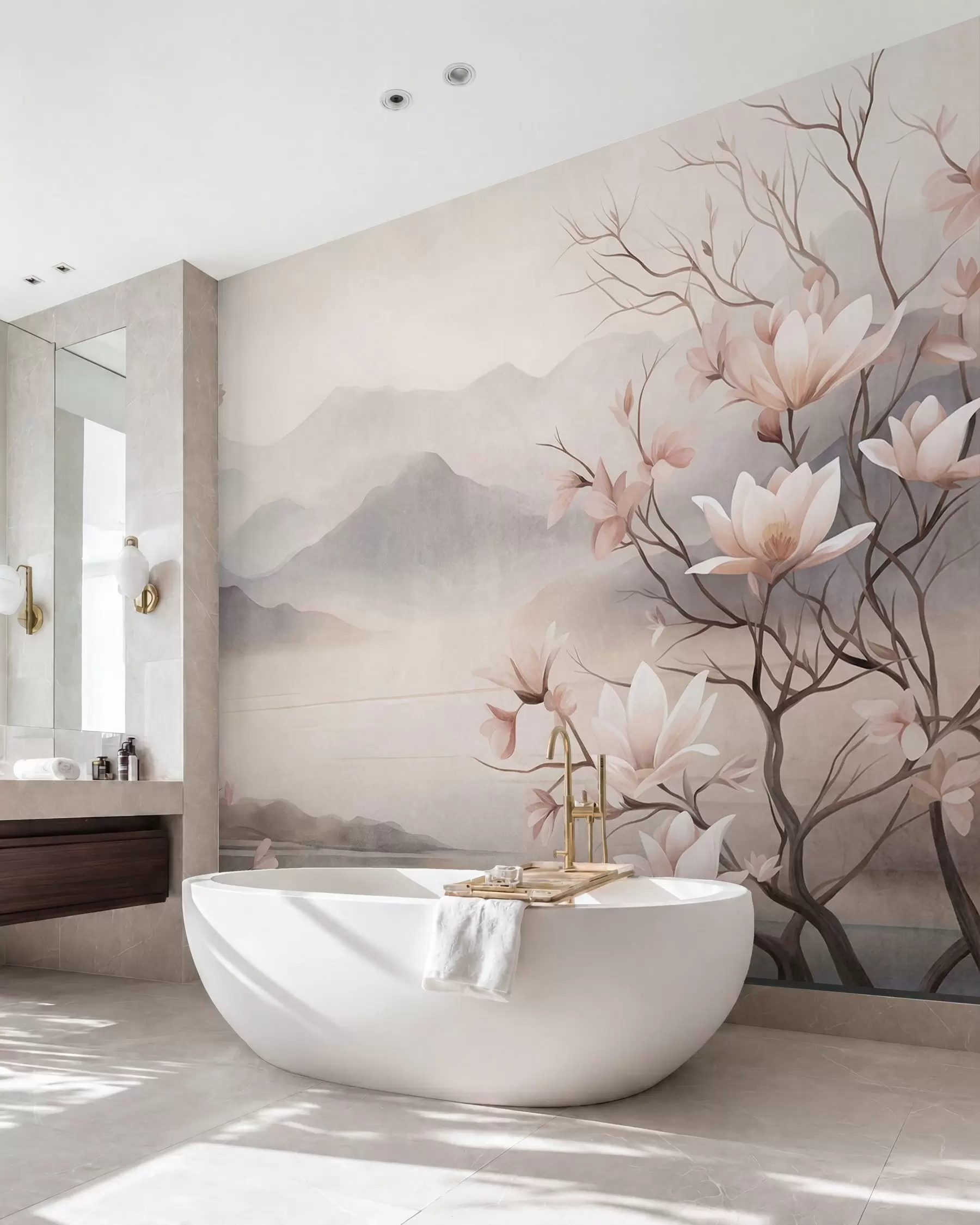 Fototapetes Kalni un ziedošas rozā magnoliju zaras, faktūriem bagāta ainava w10013