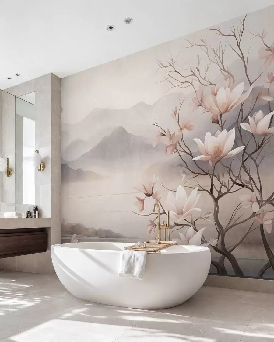 Fototapetes Kalni un ziedošas rozā magnoliju zaras, faktūriem bagāta ainava w10013