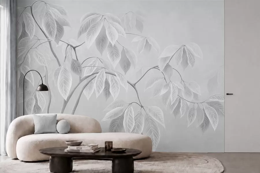 Fototapetes Bāli zari ar lielām lapām uz maiga fona w05806
