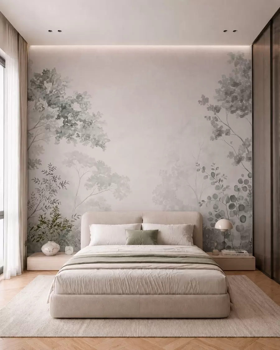 Fototapetes Meža koki un zaļumi uz viegli miglas apklāta fona w05856v1