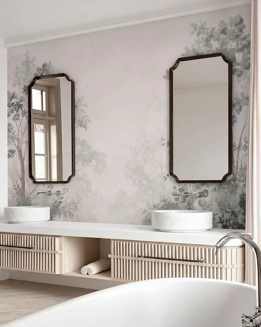 Fototapetes Meža koki un zaļumi uz viegli miglas apklāta fona w05856v1