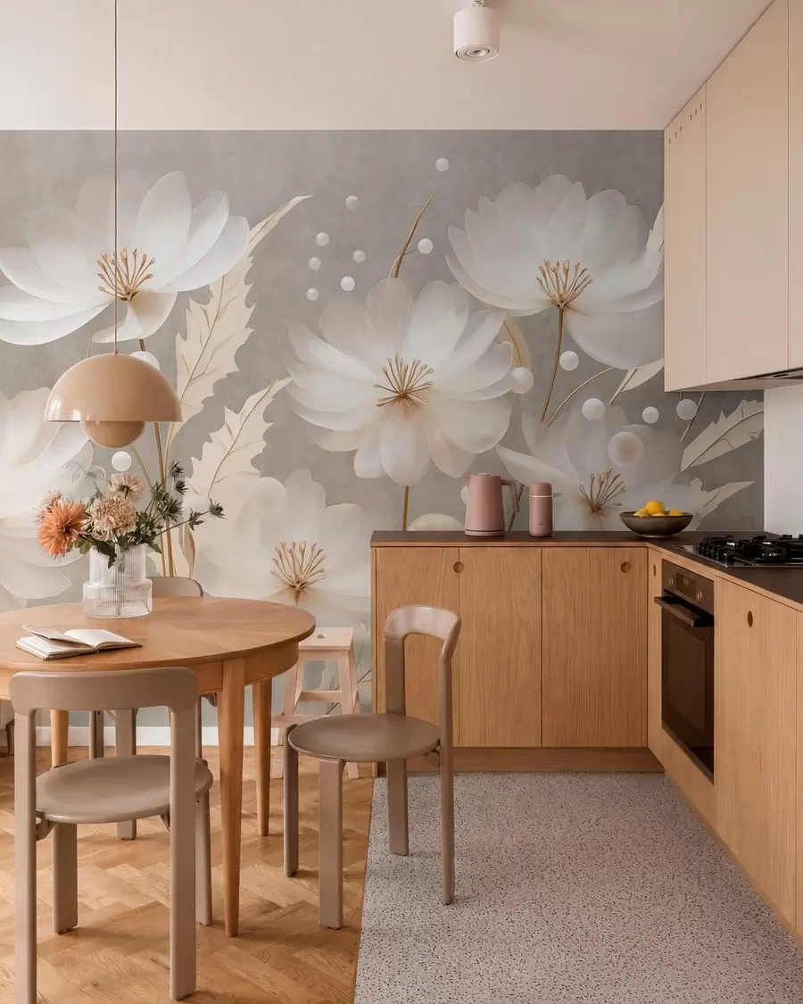 Fototapetes Lieli balti ziedi ar dekoratīvām lapām uz pelēka fona w05857