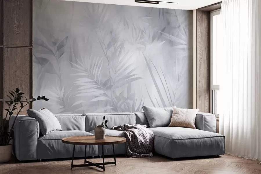 Fototapetes Palmu lapas klusinātos zilos toņos, ar maigu fonu, tropu džungļi w10023v2
