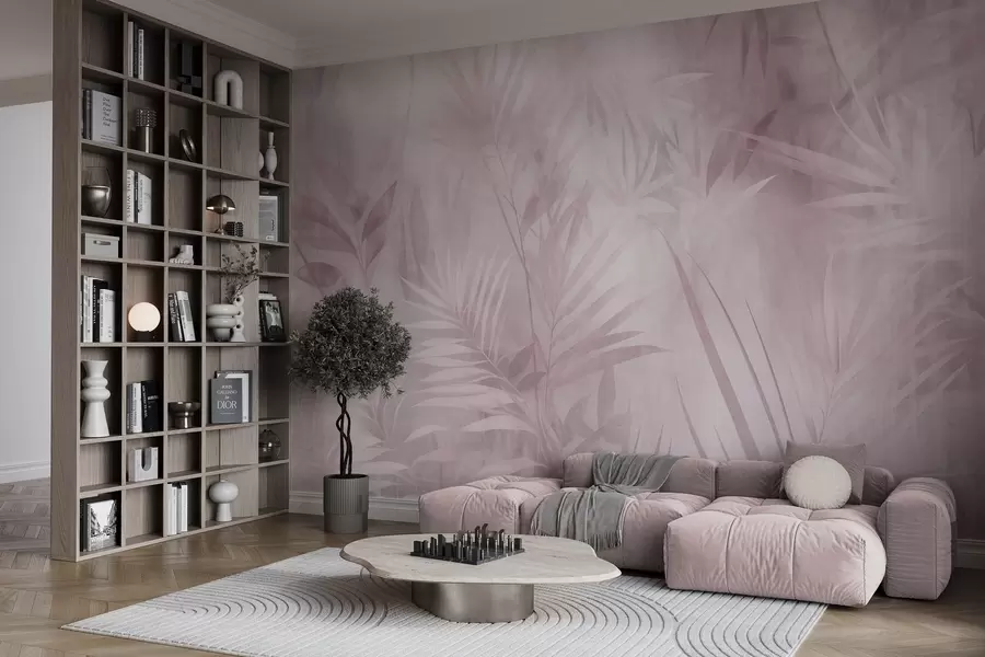 Fototapetes Palmu lapas klusinātos rozā toņos, ar maigu fonu, tropu džungļi w10023v3