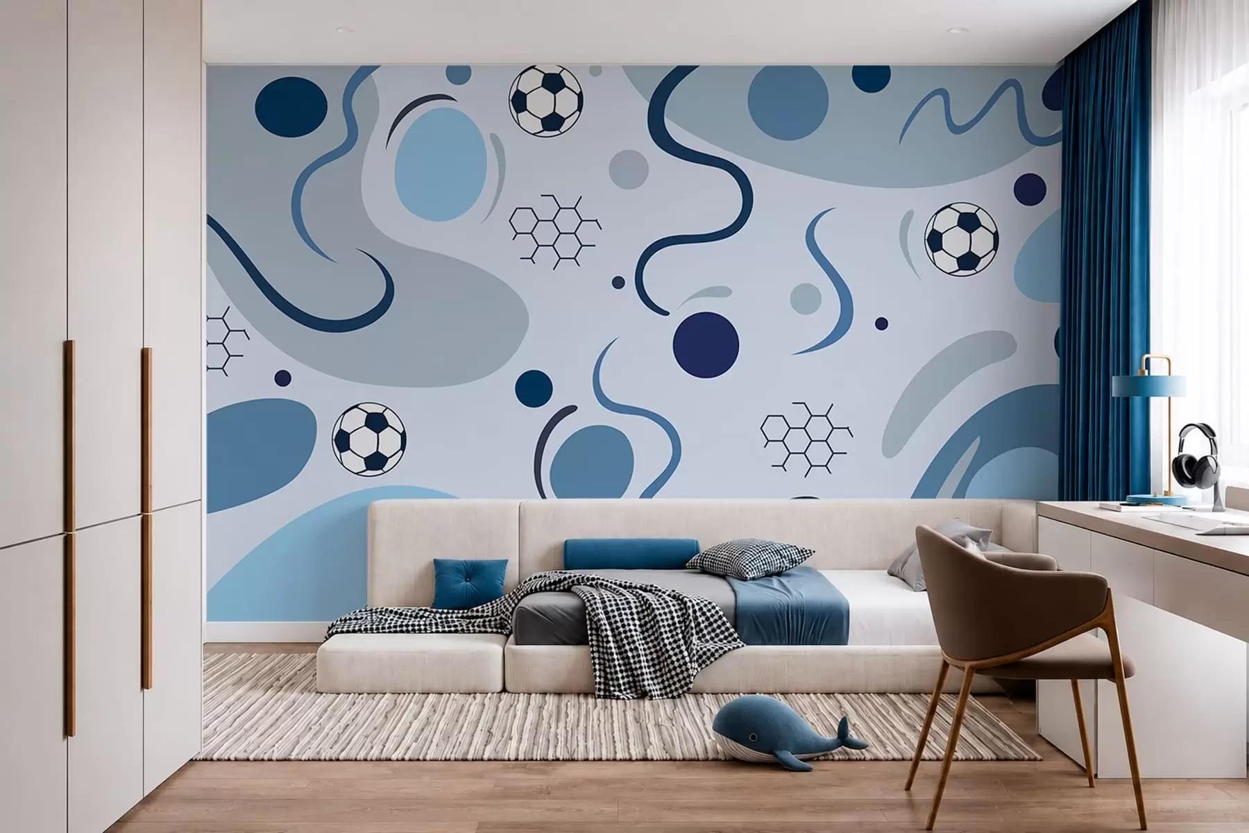 Fototapetes Krāsainas abstraktas figūras, futbola bumbas un diagrammas w05142