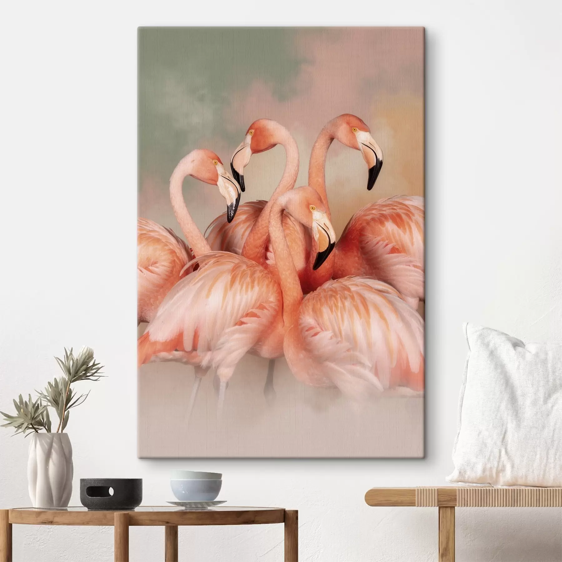 Glezna Rozā flamingo pasteļtoņu miglā: dekoratīva kompozīcija s50009