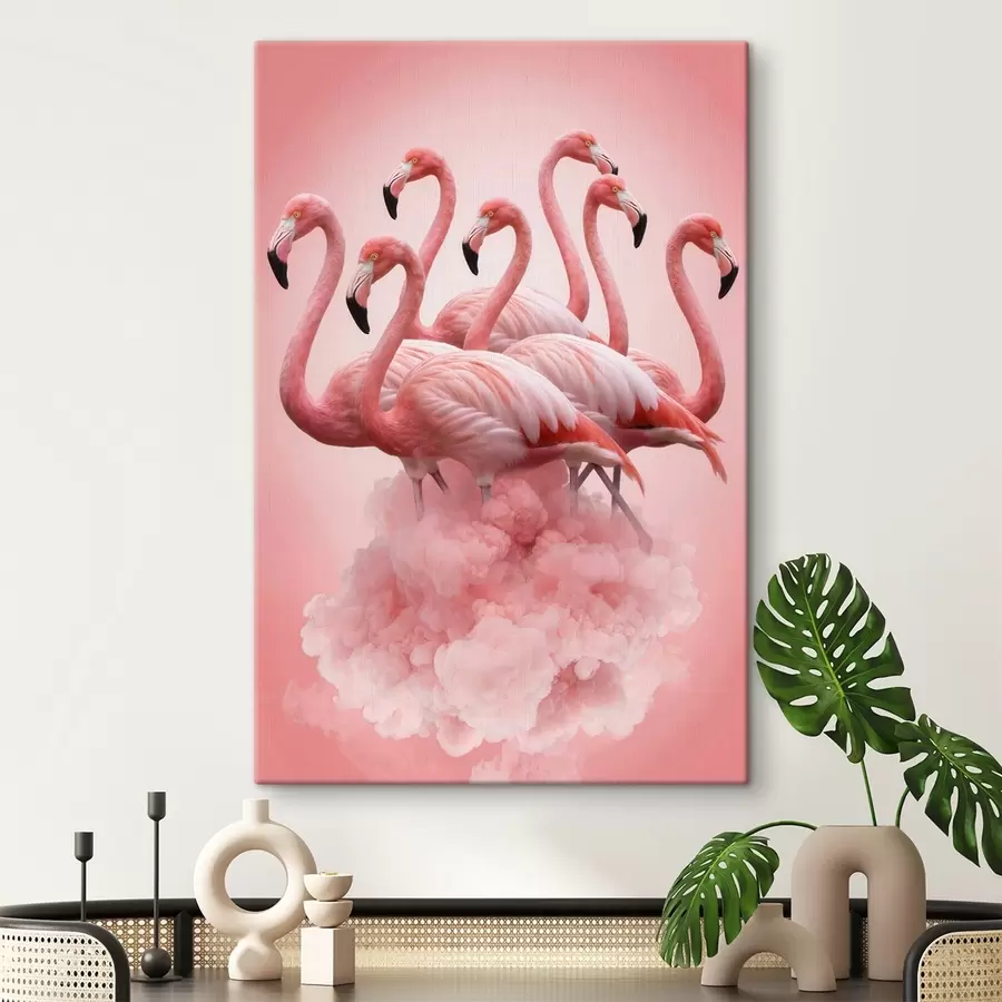 Glezna Kompozīcija, kurā graciozi flamingo redzami virs rozā mākoņa pasteļtoņu gammā s50011