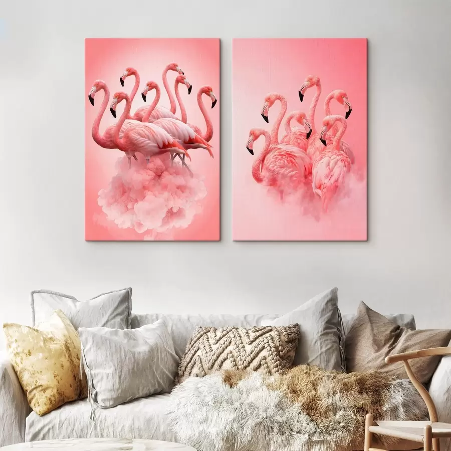 Glezna Divdaļīgs darbs ar koraļļu flamingiem mūsdienu mākslas ilustrācijas stilā m30764
