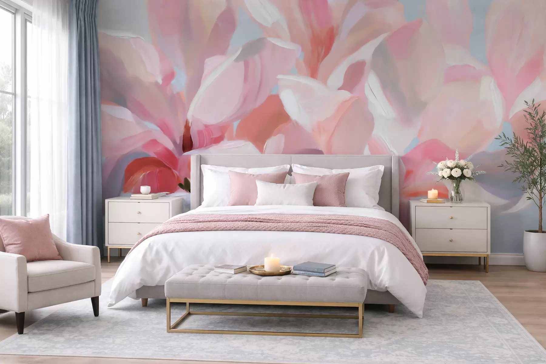 Fototapetes Rozā magnolijas tuvplāns, imitējot maigu glezniecisko tehniku w10043