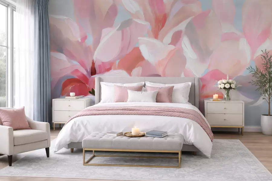 Fototapetes Rozā magnolijas tuvplāns, imitējot maigu glezniecisko tehniku w10043