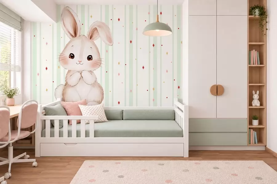 Fototapetes Mīlīgs zaķītis uz fona ar zaļām svītriņām un spožām zvaigznēm w05920v2