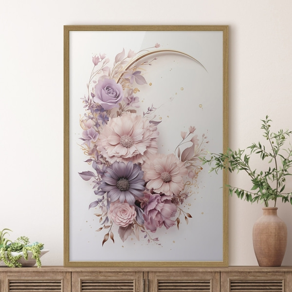 Plakāts Purpursarkana pusmēness ar peonijām, Plakāti ziedi, f50760wo : Uwalls