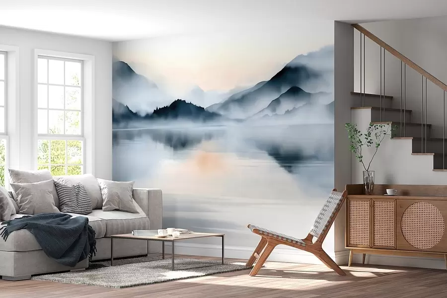 Fototapetes Ezers miglas apklātu kalnu fonā, akvareļa stilā w10078
