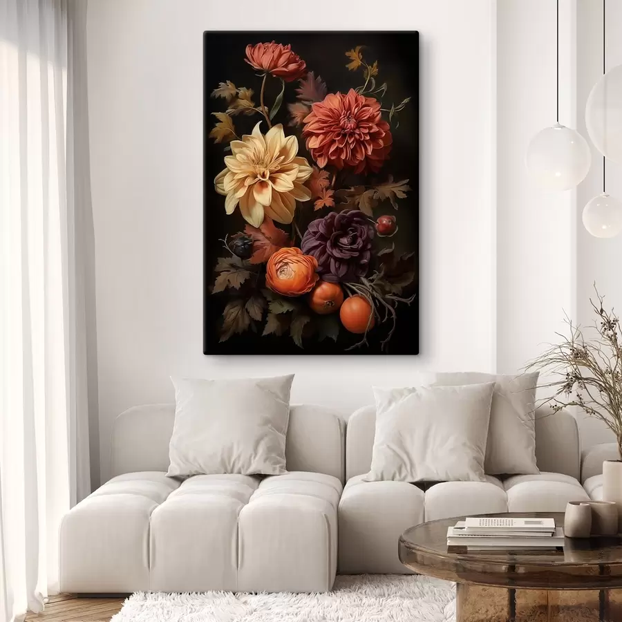 Glezna Rudens dālijas uz tumša fona s50909