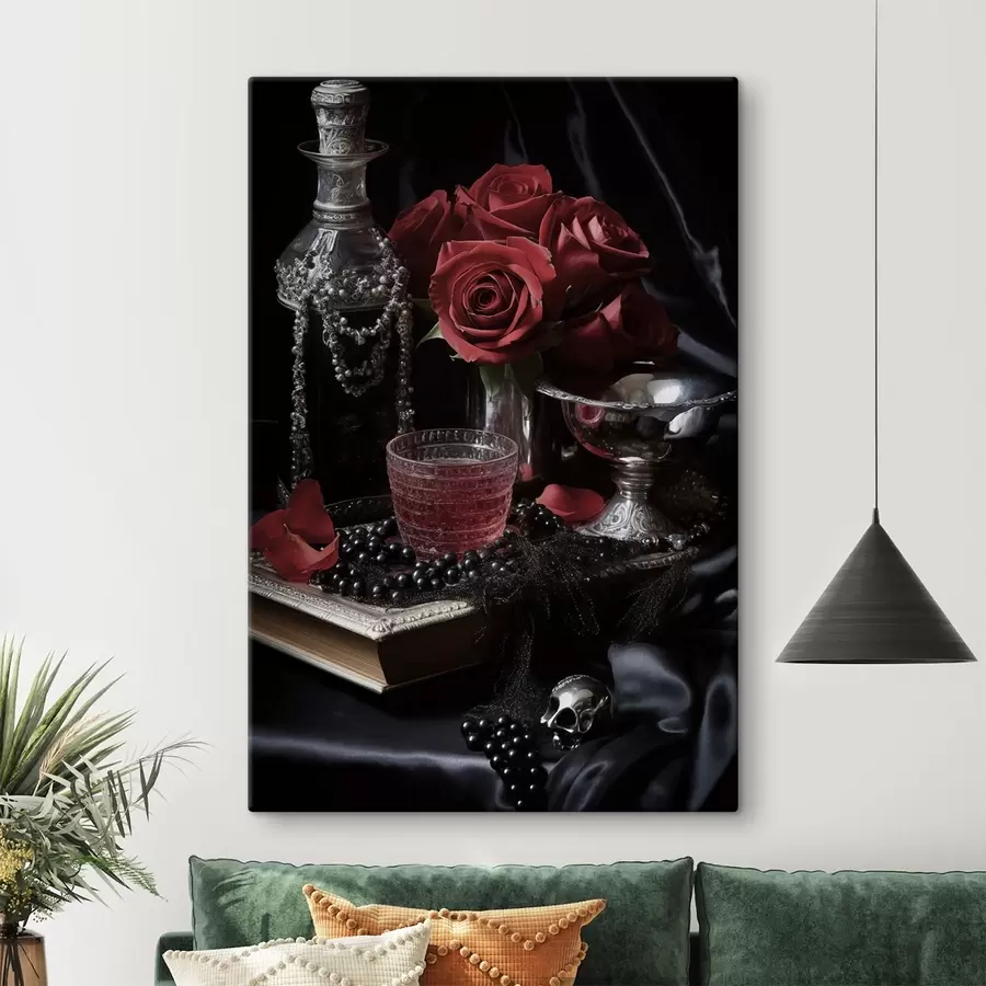 Glezna Retro klusā daba ar glāzi un rozēm s50915