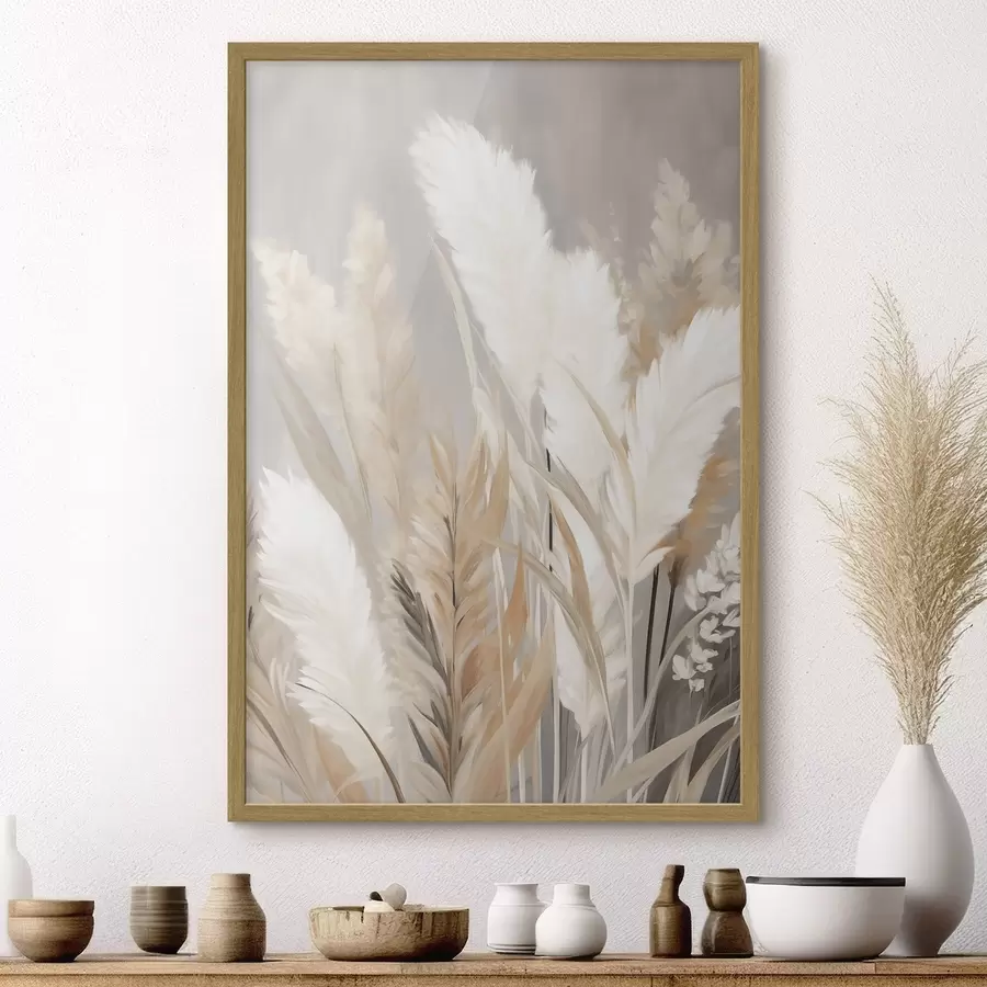 Fototapetes Pampas zāle ar baltām un melnām lapām uz neitrāla fona f50956