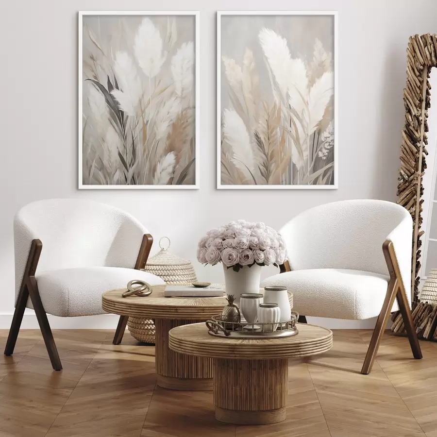 Fototapetes Pampas zāle ar baltām un melnām lapām uz neitrāla fona d31044