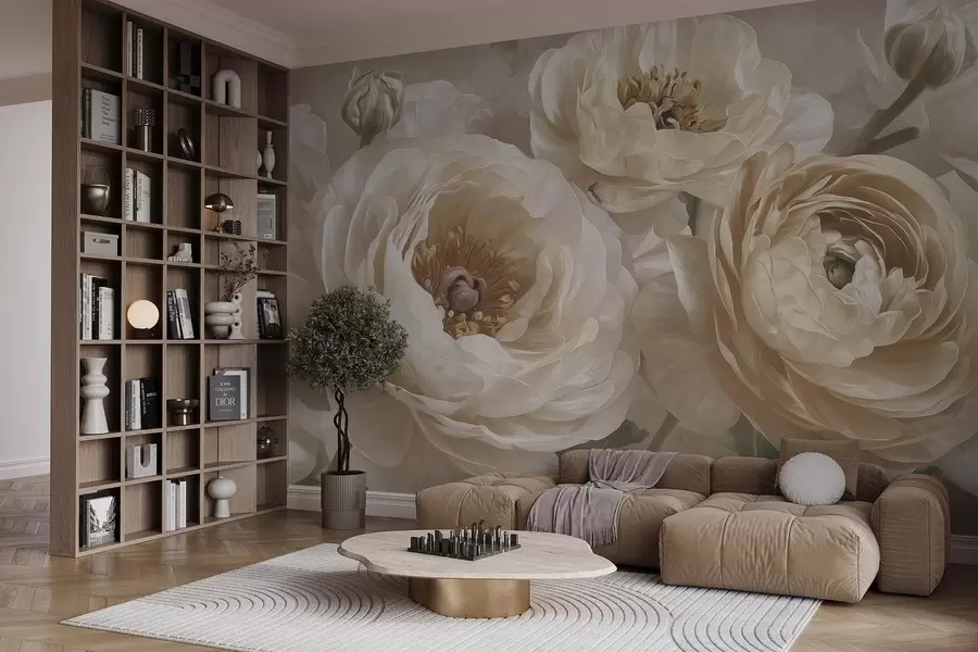 Fototapetes Krēmkrāsas ranunkuli un košas peonijas w09780
