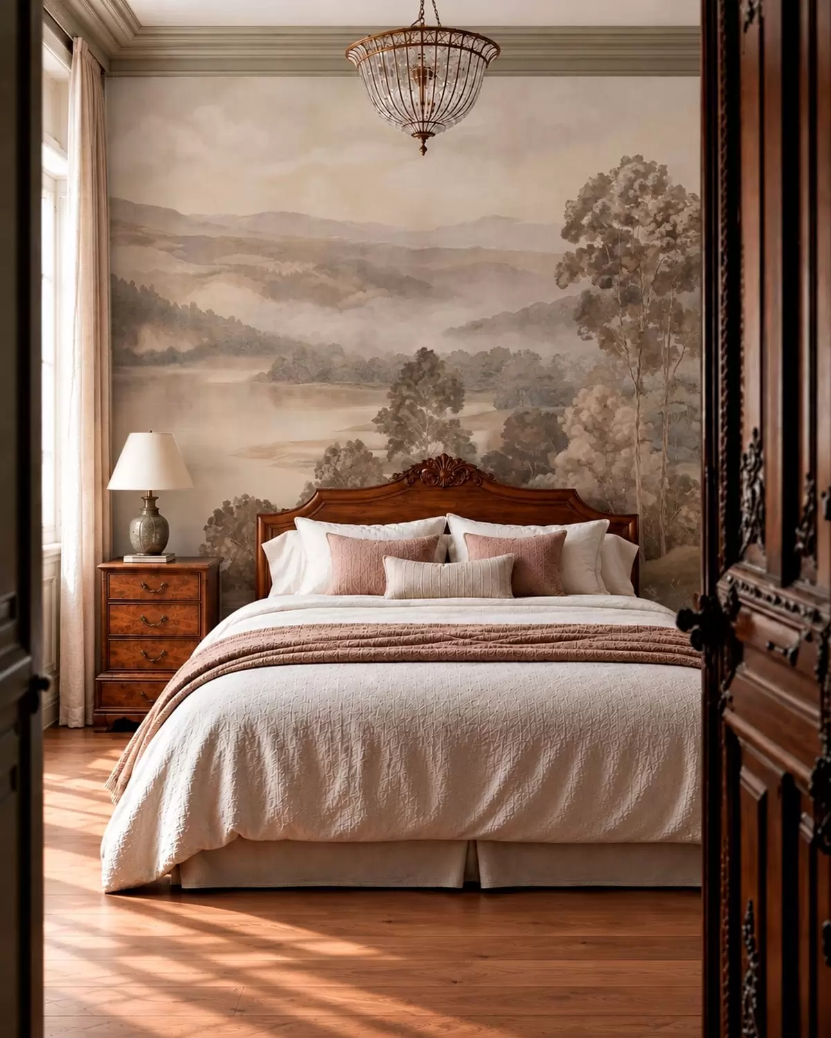 Fototapetes Ezers starp mežainiem kalniem siltos pasteļtoņos w05928v1