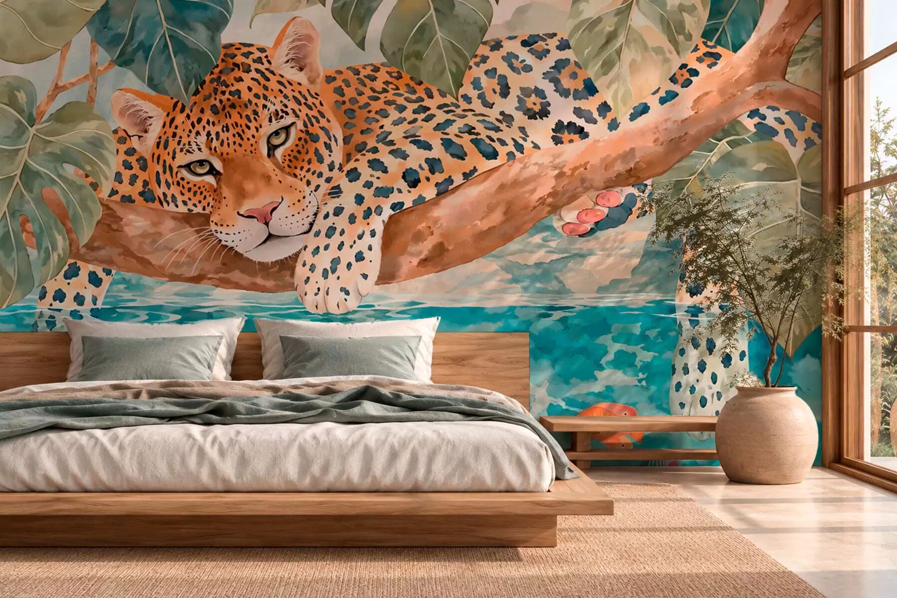 Fototapetes Leopards uz zara virs ūdens kopā ar krāsainām zivīm w05954