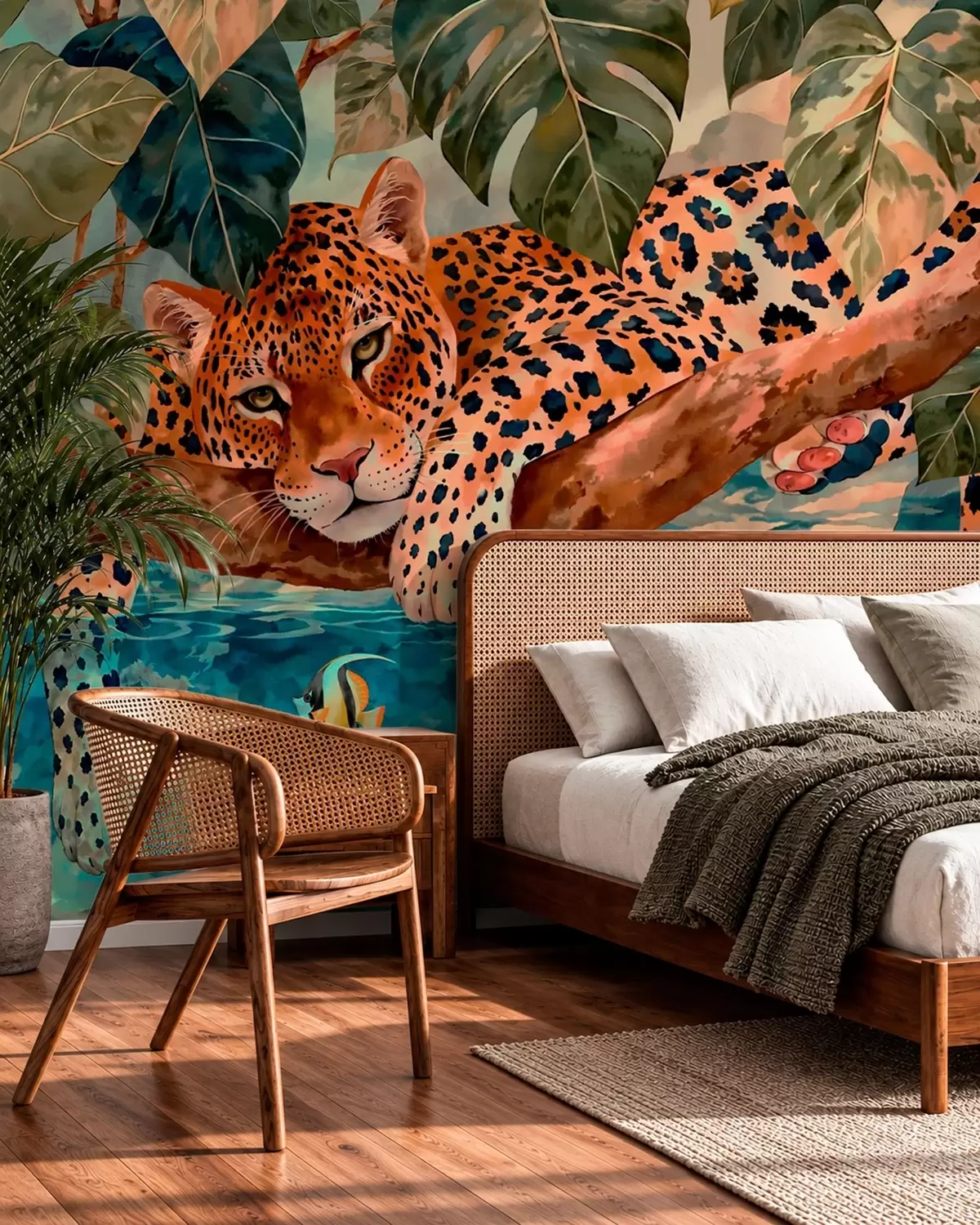 Fototapetes Leopards starp tropu lapām virs ūdens kopā ar zivi w05954v1
