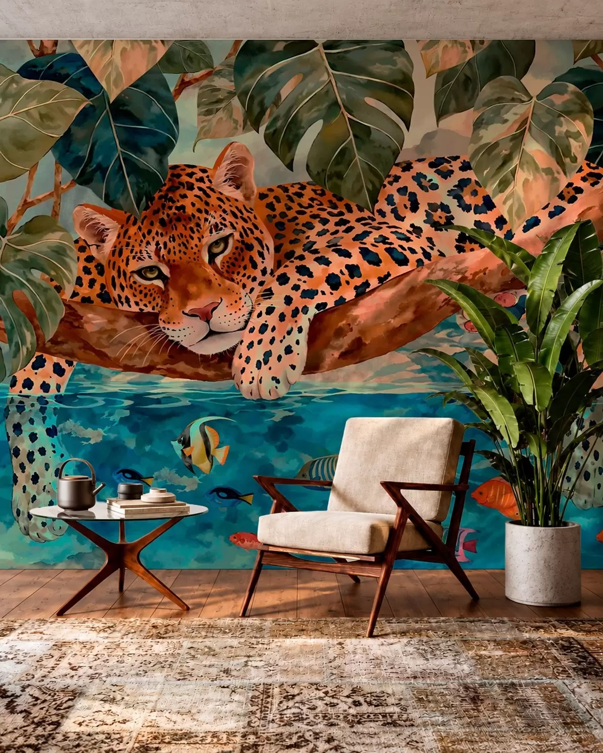 Fototapetes Leopards starp tropu lapām virs ūdens kopā ar zivi w05954v1