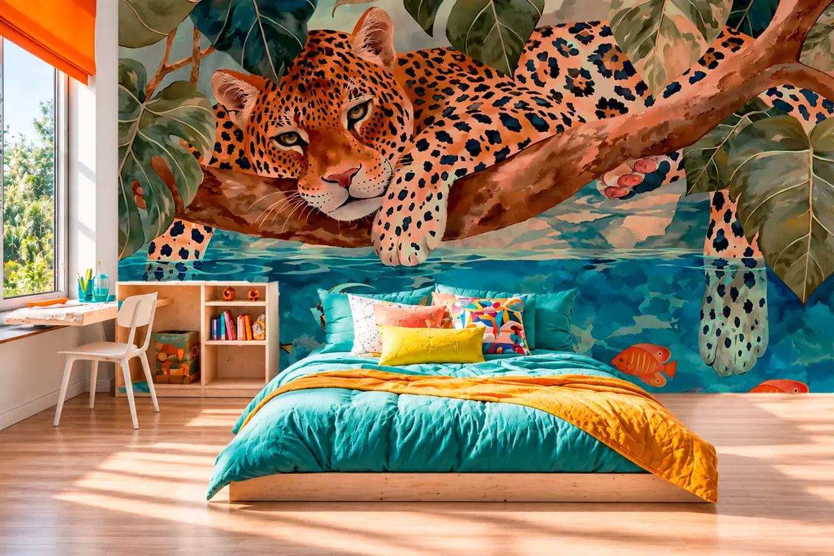 Fototapetes Leopards starp tropu lapām virs ūdens kopā ar zivi w05954v1
