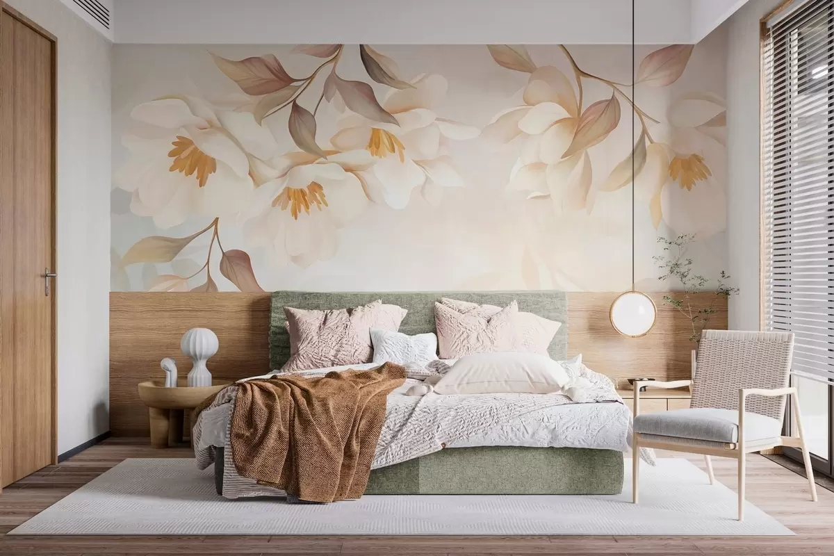 Fototapetes Magnolijas ziedi ar smalkām brūnām lapām, kas karājas no zariem w10086
