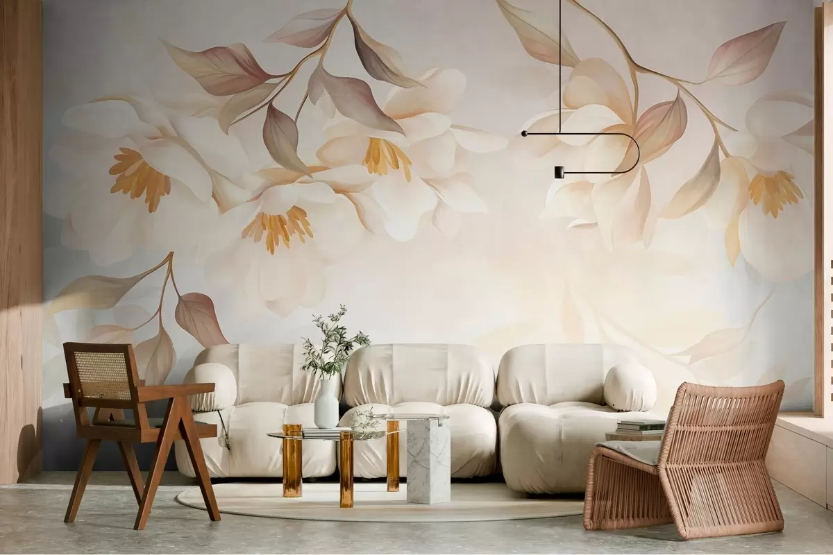 Fototapetes Magnolijas ziedi ar smalkām brūnām lapām, kas karājas no zariem w10086
