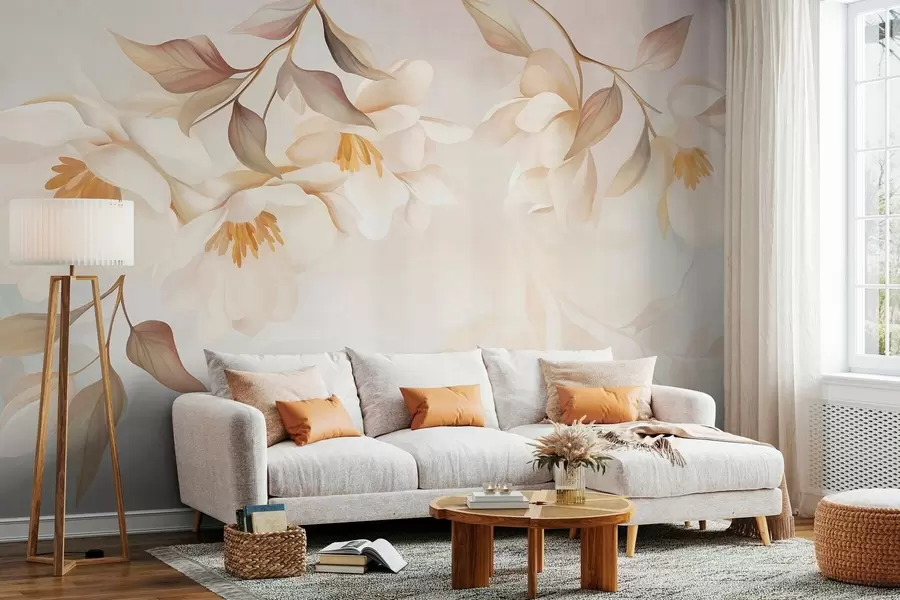 Fototapetes Magnolijas ziedi ar smalkām brūnām lapām, kas karājas no zariem w10086