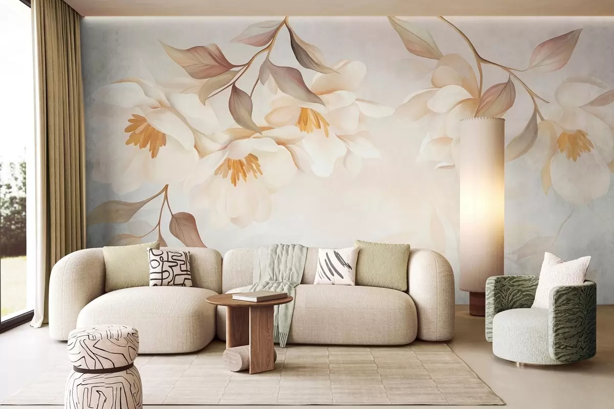 Fototapetes Magnolijas ziedi ar smalkām brūnām lapām, kas karājas no zariem w10086