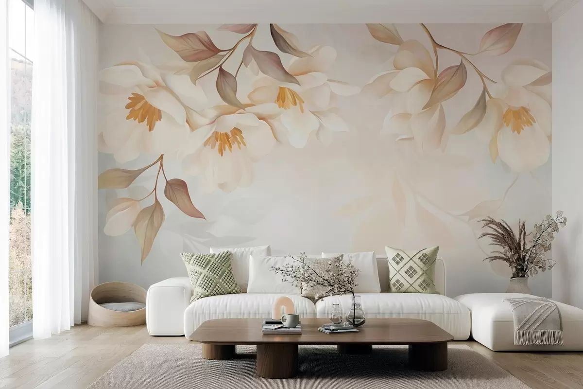 Fototapetes Magnolijas ziedi ar smalkām brūnām lapām, kas karājas no zariem w10086
