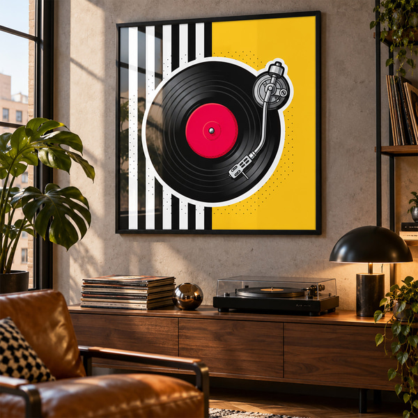 Plakāts Stilīgs vinilplašu atskaņotājs ar spilgtām krāsām, Plakāti mūzika, f50789bk : Uwalls