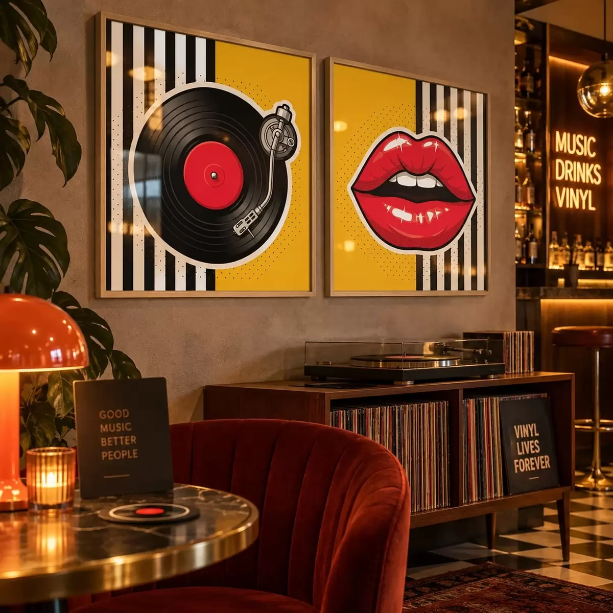 Plakāts Spilgtas lūpas un vintage vinilplašu atskaņotājs d31075
