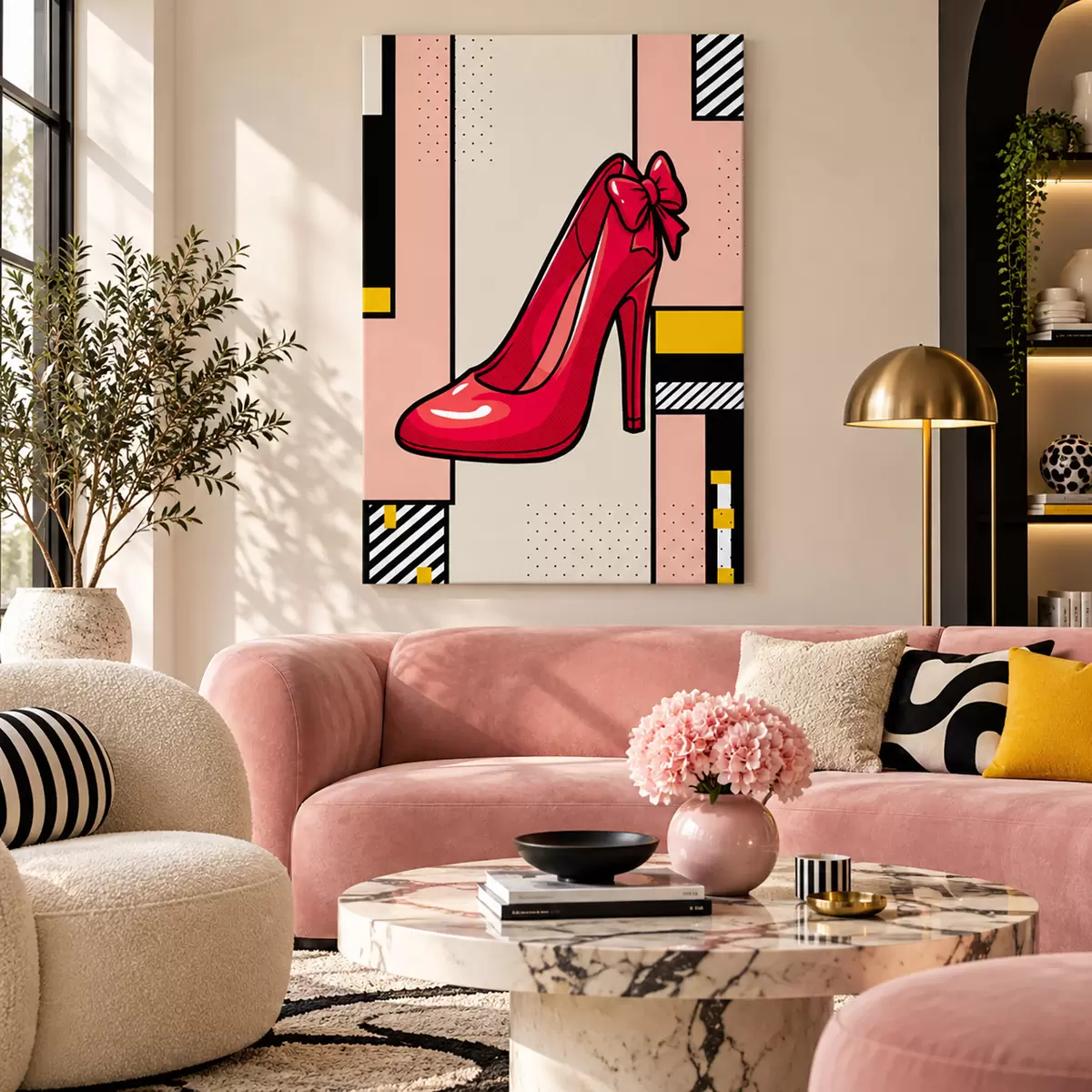 Glezna Elegants sarkans kurpes ar papēdi un rotaļīgu lentiņu s50785
