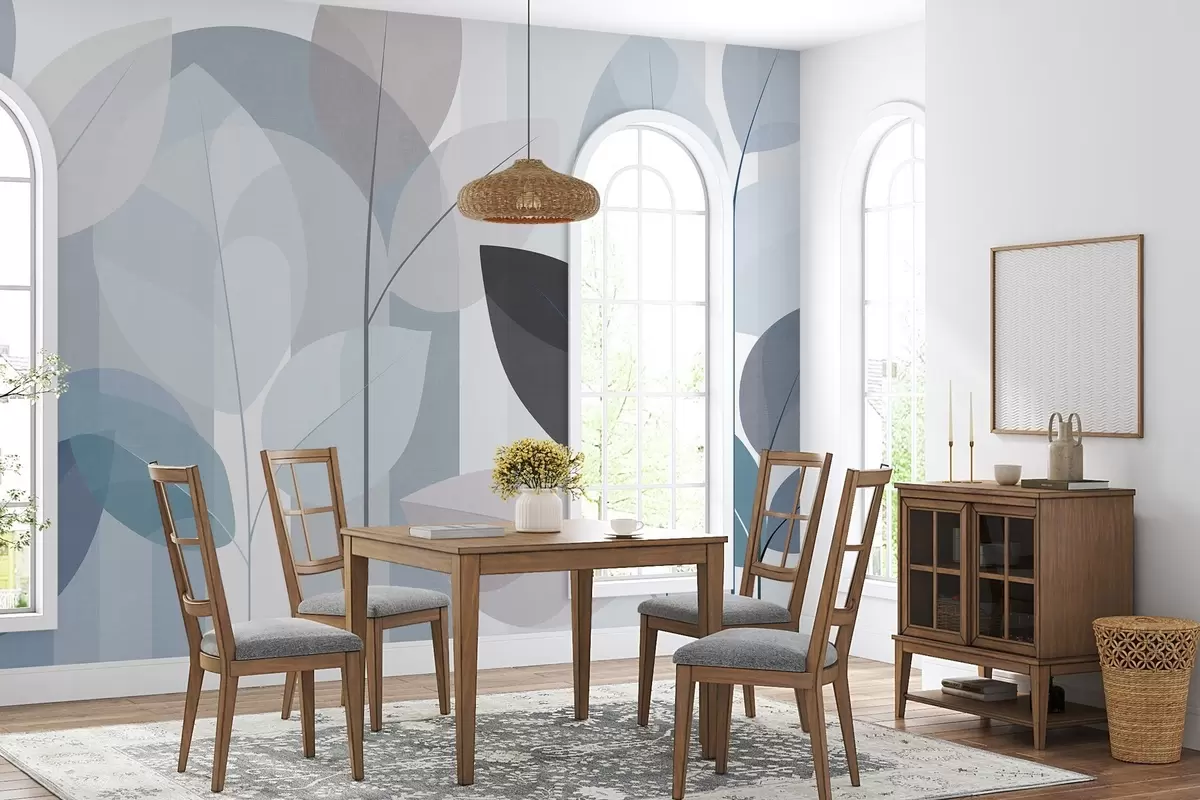 Fototapetes abstrakts dizains ar lapām matētā pinuma stilā zilo toņu gamā w05986v2