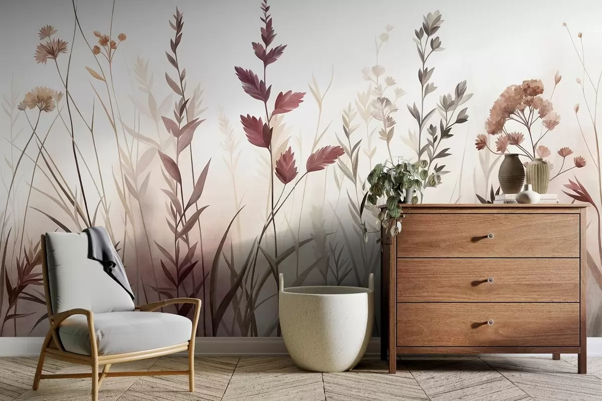 Fototapetes Augstas savvaļas zāles un savvaļas ziedi klusinātos zemes toņos, minimālistiska estētika w10084