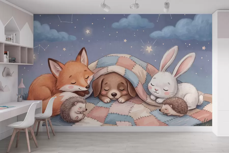 Fototapetes Burvīgā akvareļa ilustrācijā attēloti kaprīzie meža dzīvnieki, kas guļ zem zvaigžņotām debesīm uz mājīgā lāpīto segas w10098