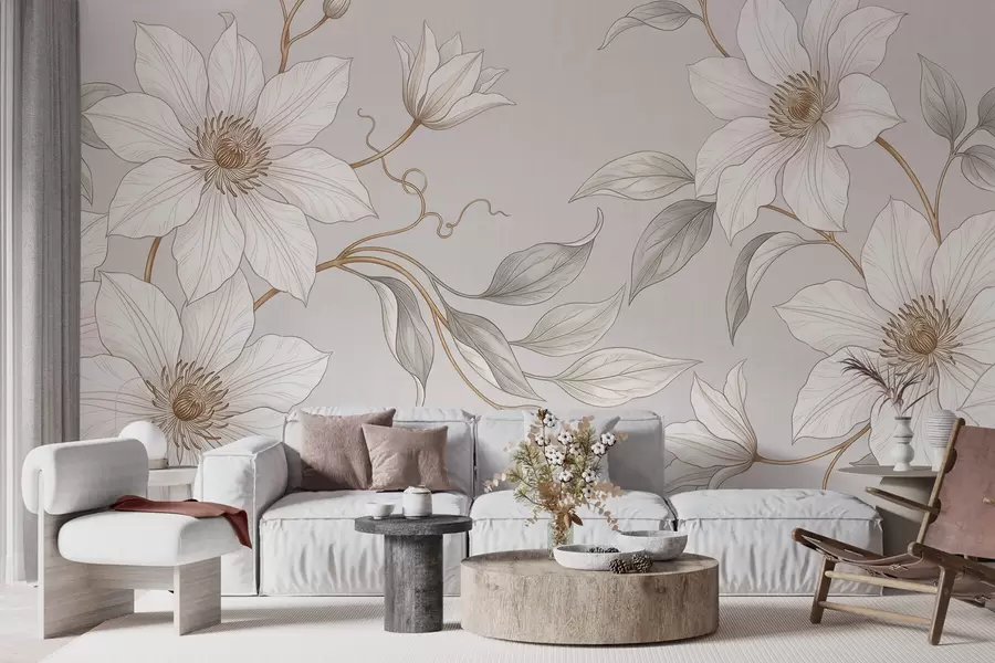 Fototapetes Eleganti balti augu ziedi ar smalkām zariņām w10099