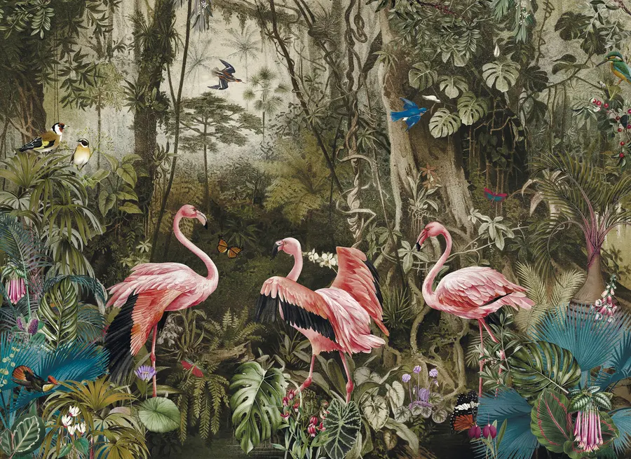 Fototapetes Tropu putni un flamingi džungļos u73568