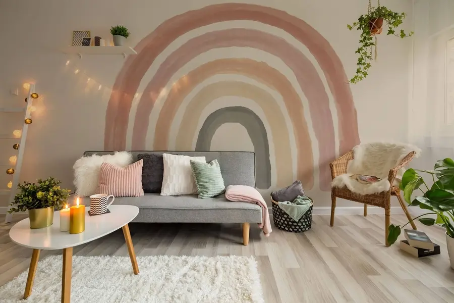 Fototapetes Boho stila tapetes: koraļļu persiku, rozā varavīksnes. Pasteļu varavīksnes siena rozā u93566