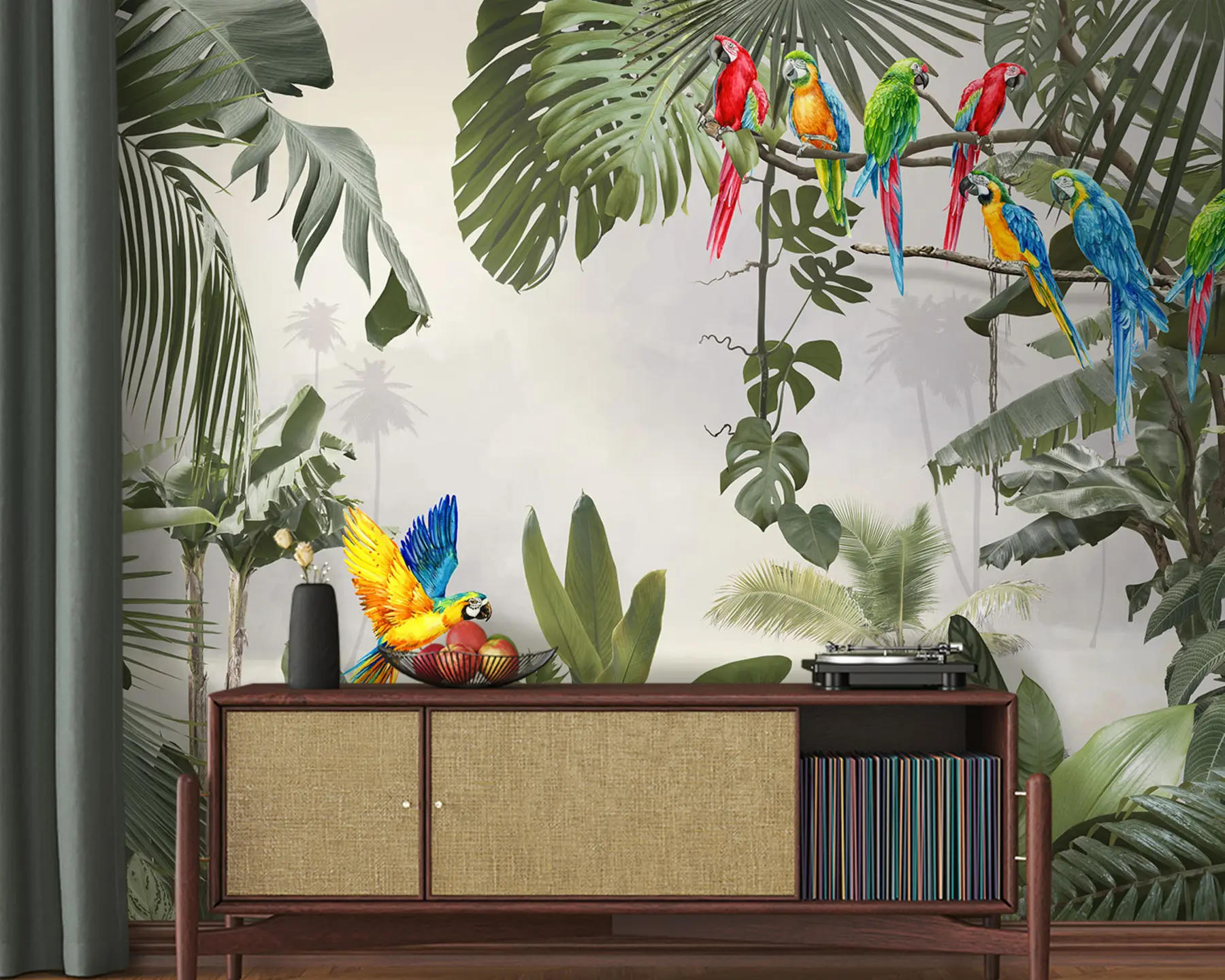 Fototapetes Papagaiļi uz zariem tropu mežā u94072